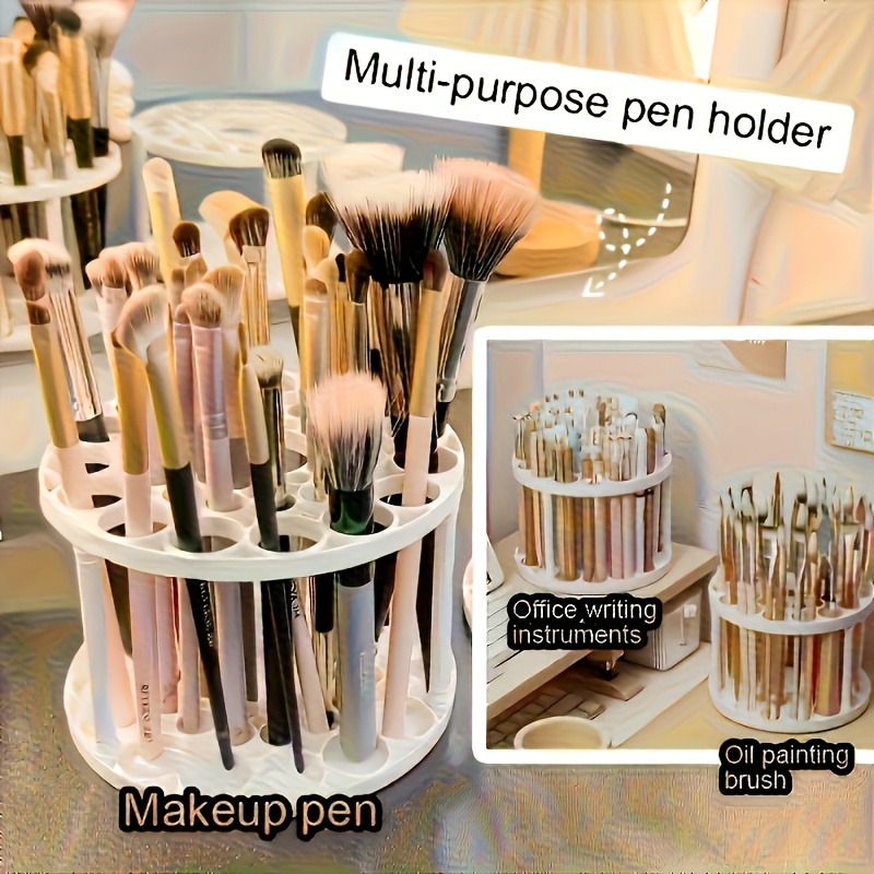 TEMU 1pc 360° Rotating Brush Holder - Suitable For Art Brushes, Pens, Fashionable White Plastic Storage Box With Glazed End, Space-saving Desktop