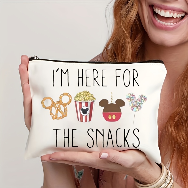 

For The Snacks" Print Makeup Bag, Canvas Material Cosmetic Pouch, Multipurpose Travel Organizer, Perfect Gifts