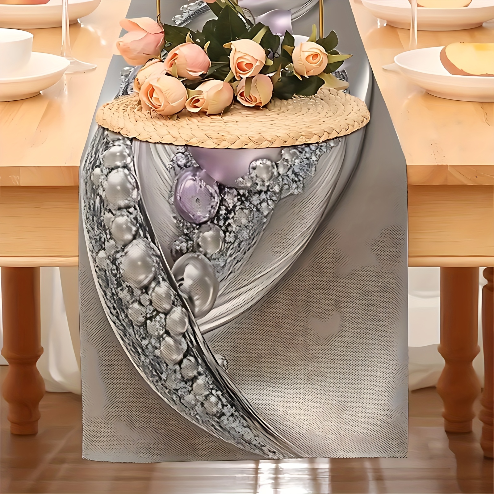 TEMU 1 Elegant Purple Floral And Pearl Tablecloth - Printed Decoration, Festive Celebrations, Decor, Holiday Table Setting | Elegant Table Setting |