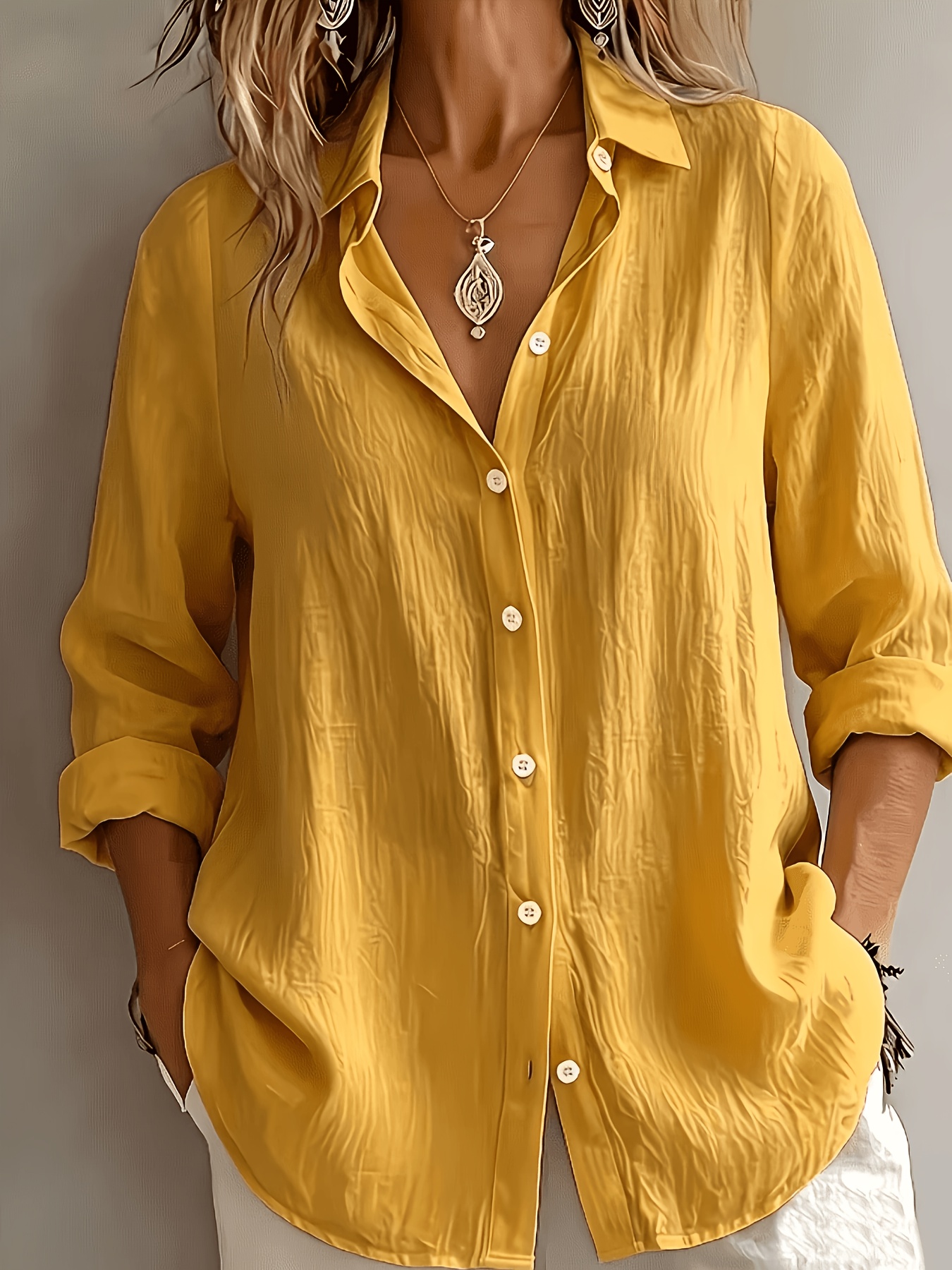 item picture elegant special edition womens shirt long sleeve button up solid color shirt breathable comfortable soft classic collar suitable for office commuting or formal events sophisticated casual
