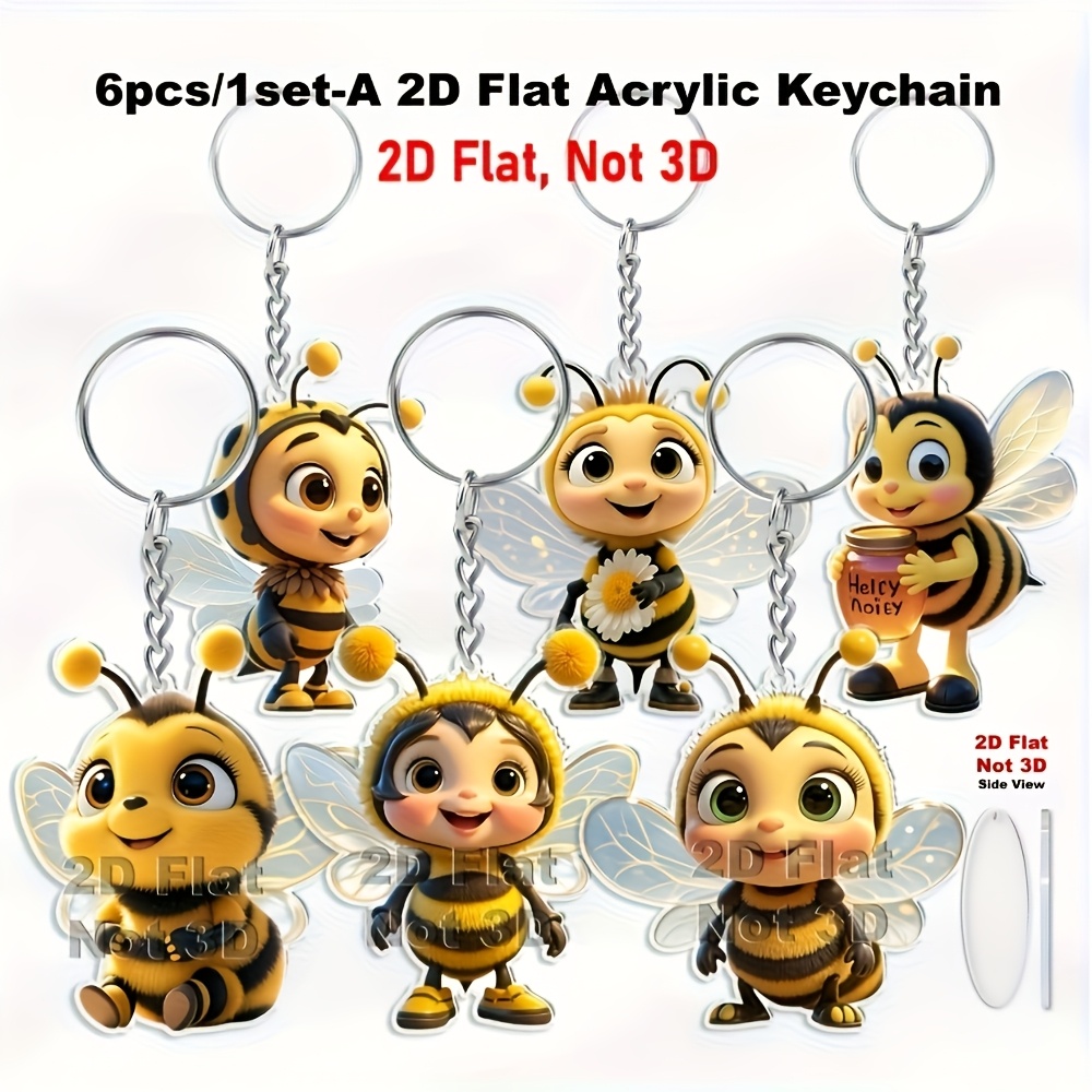 TEMU 2d Flat, [2d Flat] 6pcs Set 2d Acrylic Bee Keychain: Suitable For Car Keys, Backpack And Bag Decoration, Office Partition Decoration, Small