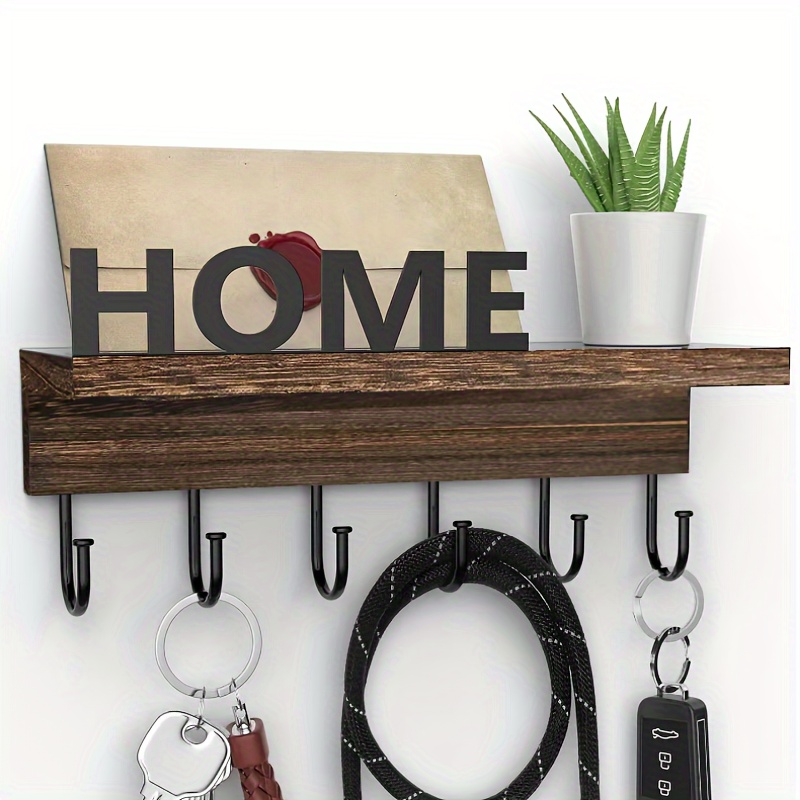 

Wooden Key Holder With Mail Organizer And Wall Shelf, Featuring 6 Stainless Steel Hooks, Suitable For Living Room And Bedroom Decor.