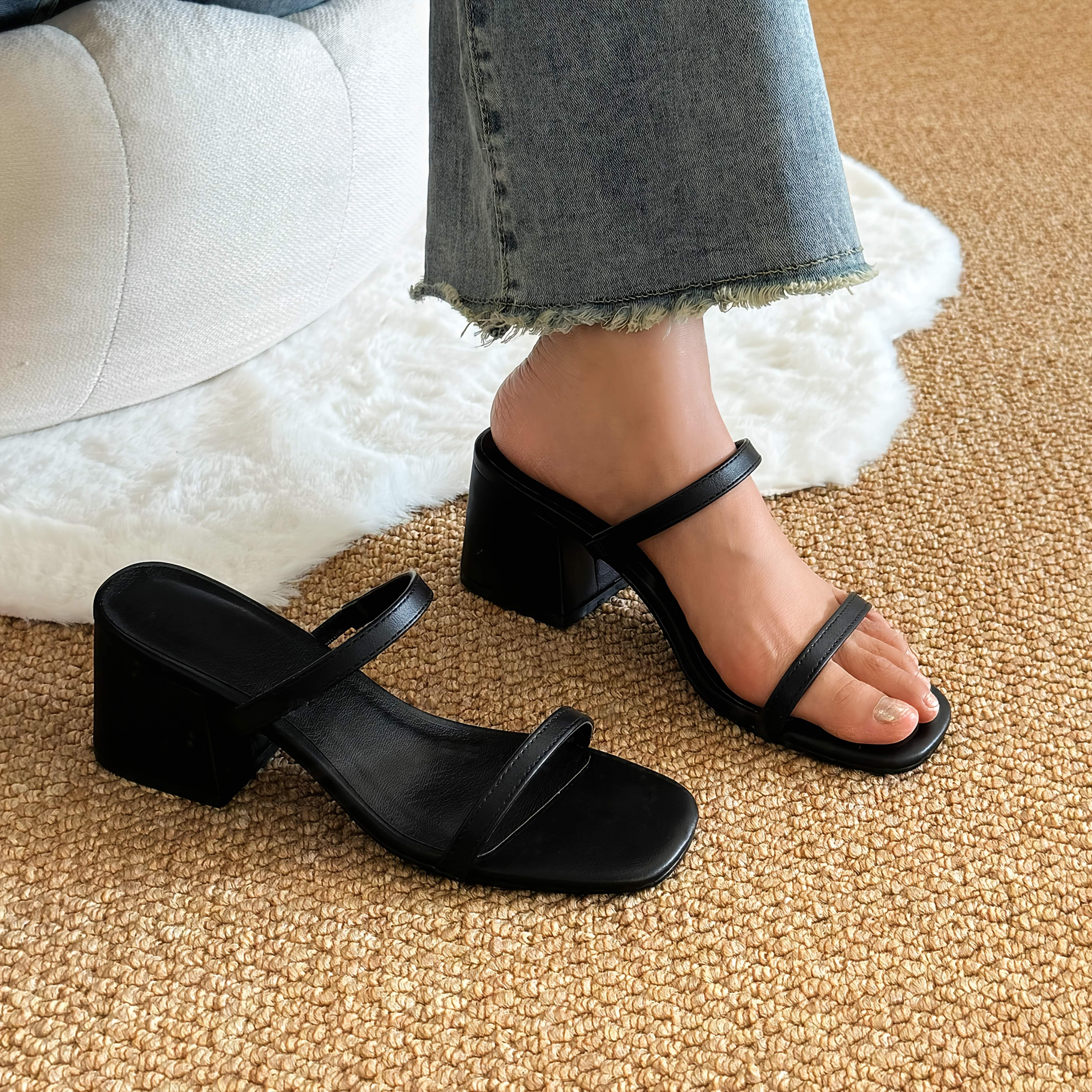 elegant women's summer sandals chunky heel square toe thin Temu