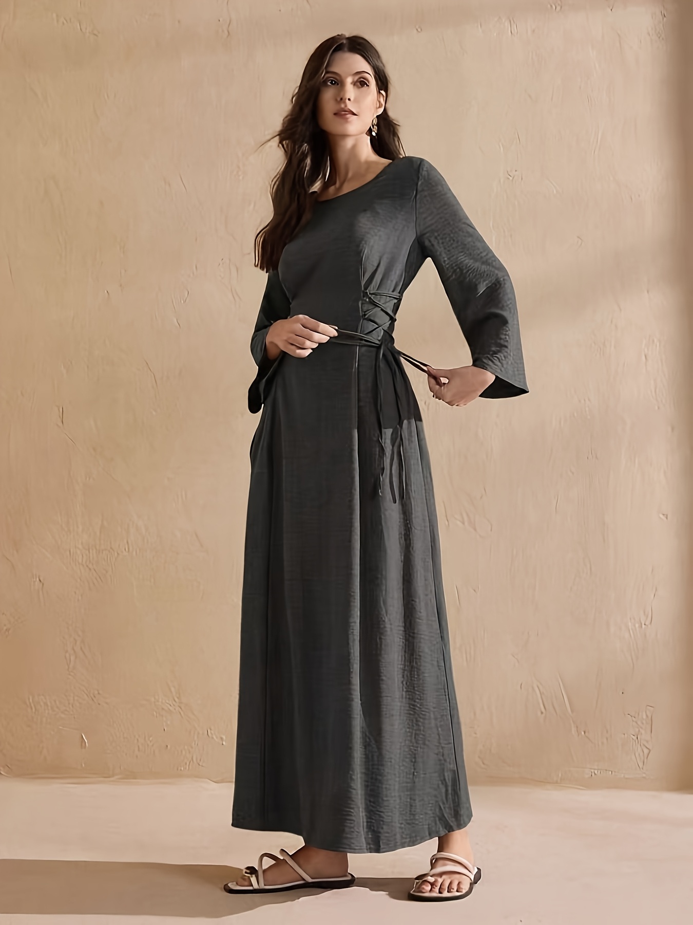 chinese dress ladies inez neck drawstring satin midi dress – somewear in between main image 0