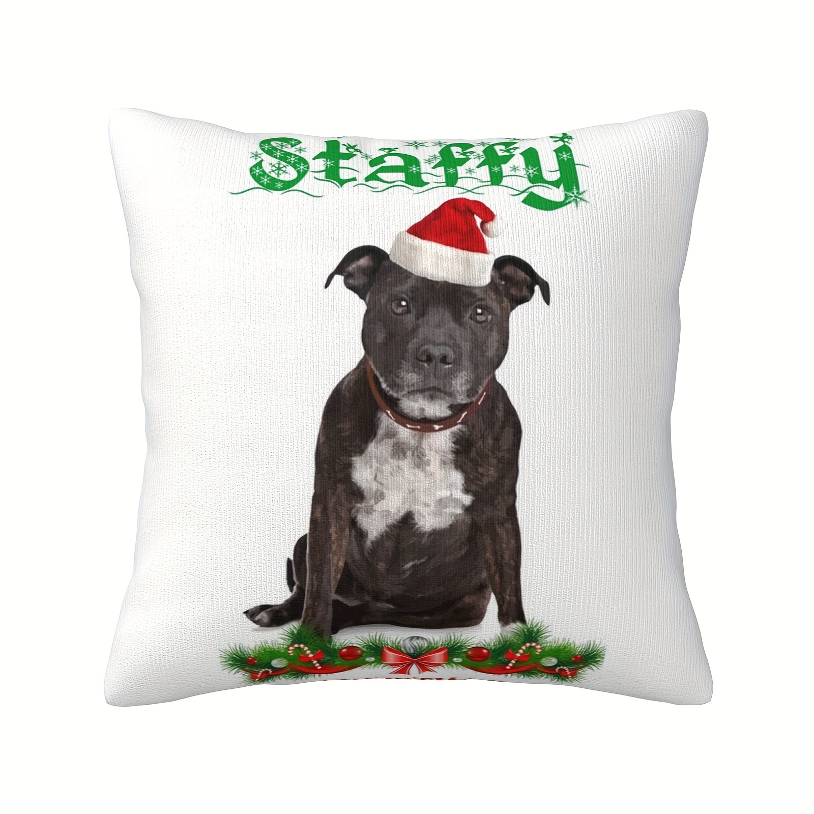 TEMU Staffordshire Bull Terrier Christmas Throw Pillow Cover - Soft Short Plush, Single-sided Print, 18x18 Inches - Sofa & Home Decor