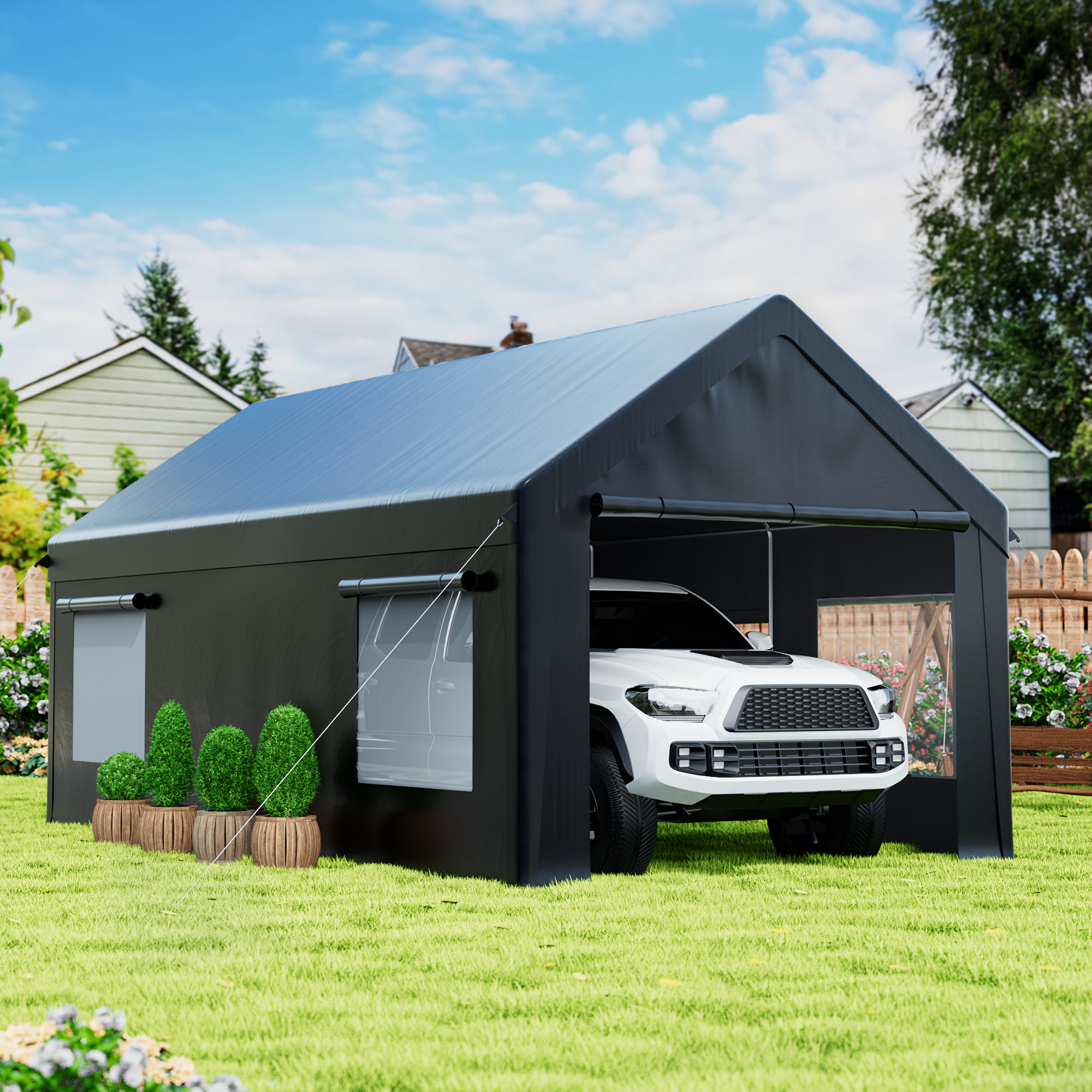 TEMU 12x20 Ft Heavy Duty Carport Canopy With Base & Side-opening Door, Portable Garage For Cars, Trucks, And Boats, Black