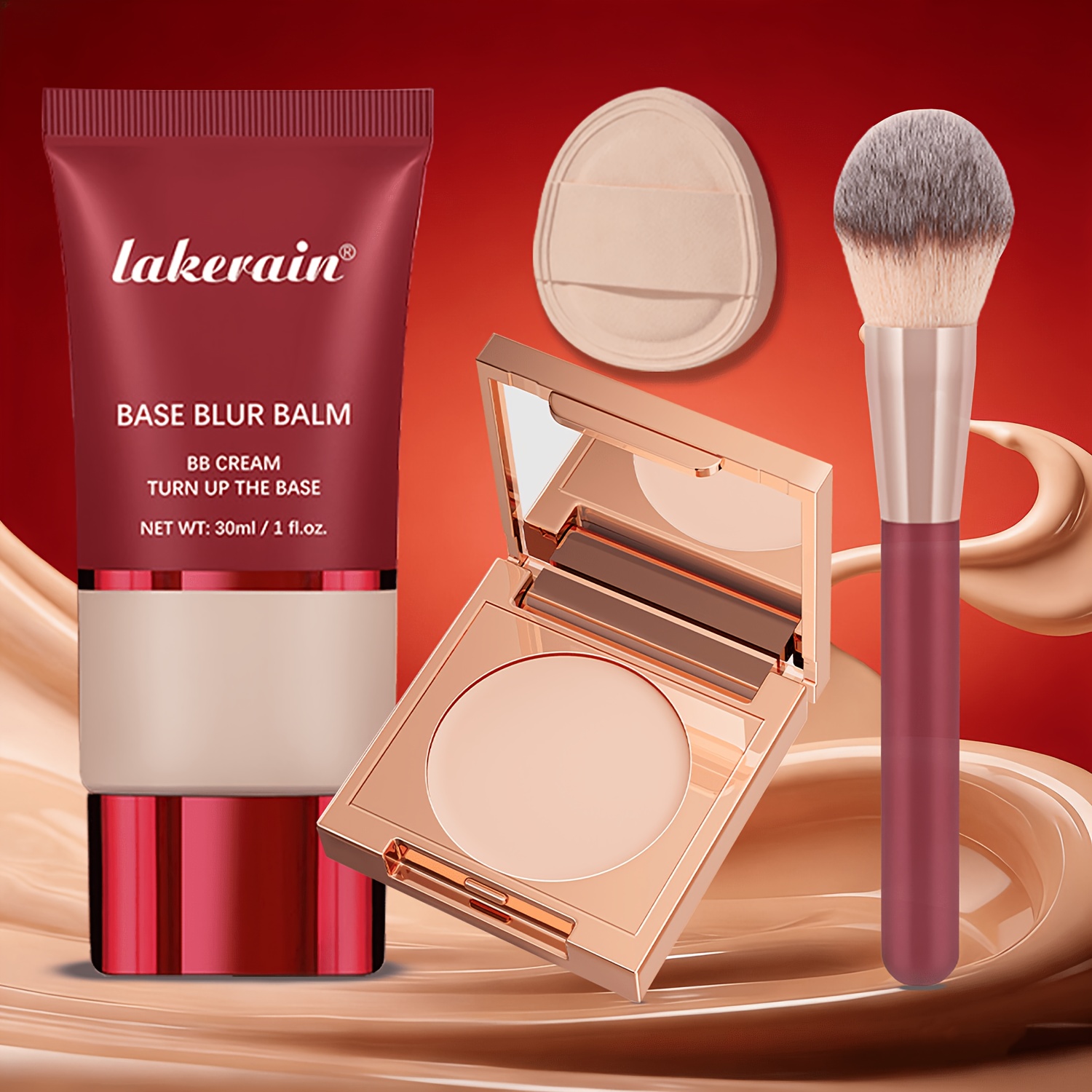 4pcs Makeup Set: Base Blur Balm BB Cream & Brightenin Eye CC Concealer & Makeup Brush&Thumb-sized Puff Kit, BB Cream- Turn Up The Bzse, Lightweight, Full Coverage, Moisturizing, Brightenin Eye Concealer- Brighten and Cover Dark Circles Under the Eyes
