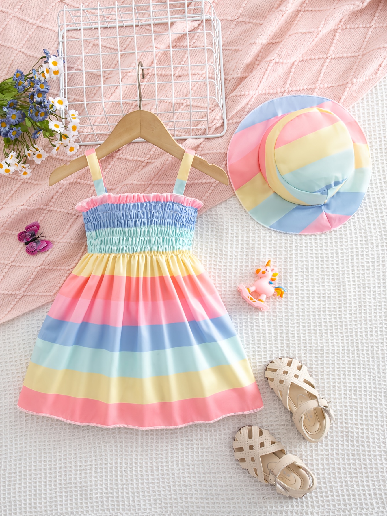 girls ado ble   striped dress with hat fashionable shirred sleeveless spaghetti st p princess   summer beach style outfit
