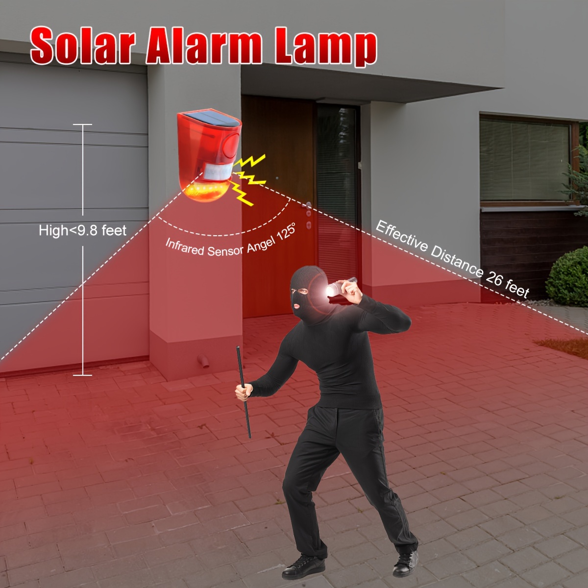 alarma de sonido solar con sensor de movimiento 129db,   de seguridad para exteriores, detector de movimiento, 6 leds,   de alarma estroboscópica de  , uso para hogar, villa, granja, gallinero