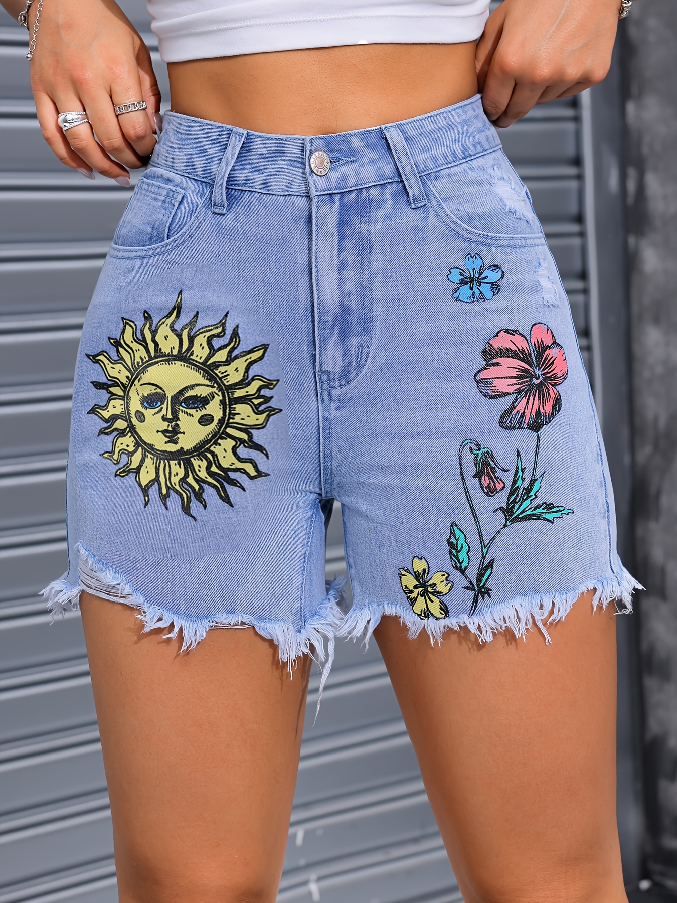 Women s Casual Denim Shorts High Waist Frayed Hem Cartoon Sun and Flower Print Non Stretch Jean Shorts for Summer