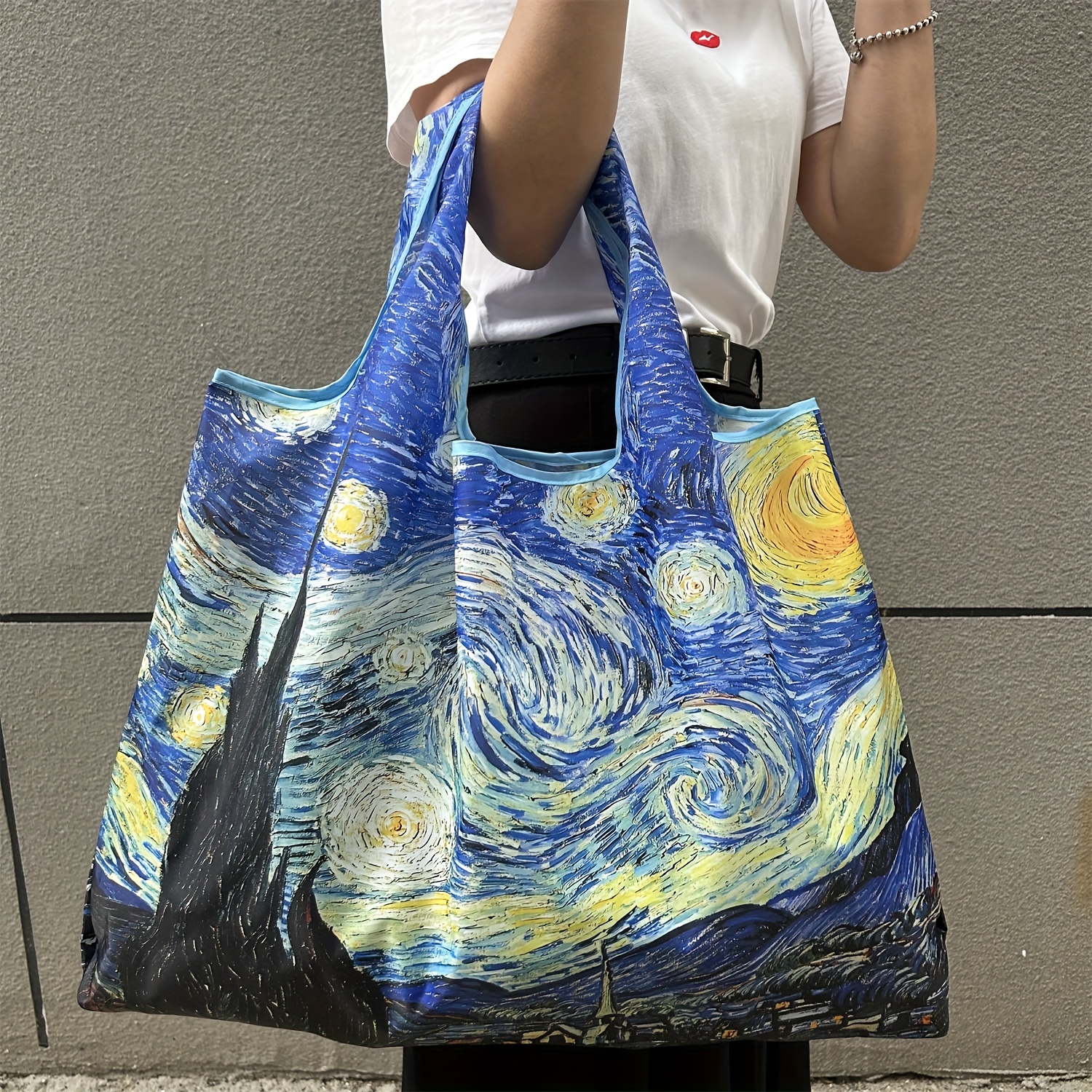 

Large Capacity Tote Bag, Lightweight And Reusable Shopping Bag, Foldable Nylon Bag With Starry Night Oil Painting Design, Portable Handled Carry Bag