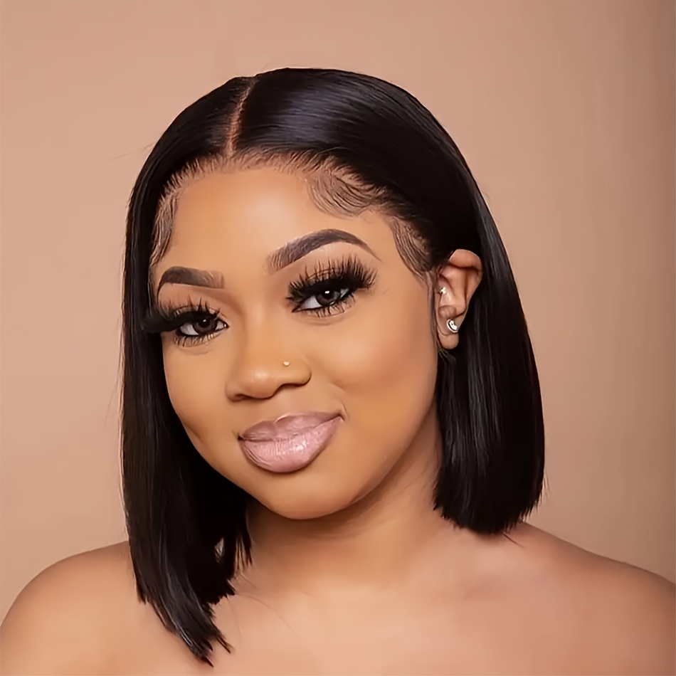 womens glueless bob wig 13x4 hd lace frontal 180 density straight human hair pre cut 8 14 inch details 8