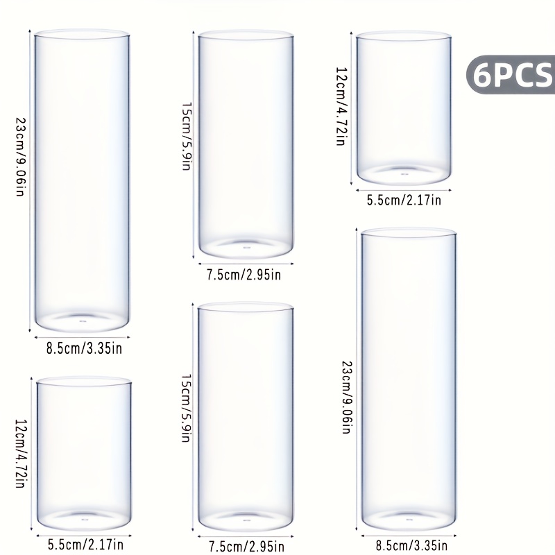 TEMU 6pcs 3 Types de Différentes Hauteurs Porte Bougies Cylindriques en Verre Transparent, Porte Bougies Piliers en Verre Soufflé Main à Coupe Lisse,