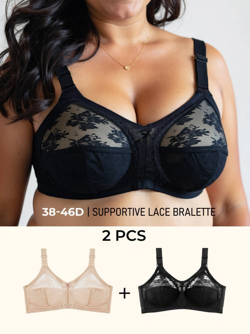 2pcs wire comfortcomfort full coverage bralette for curvy women 85d 105d floral lace breathable mesh with wide support straps no padding all day soft support for work travel everyday travel lingerie work bra feminine design stylish undergarment breathable fabric supportive bralette wirefree lingerie plus size bras curvy ladies