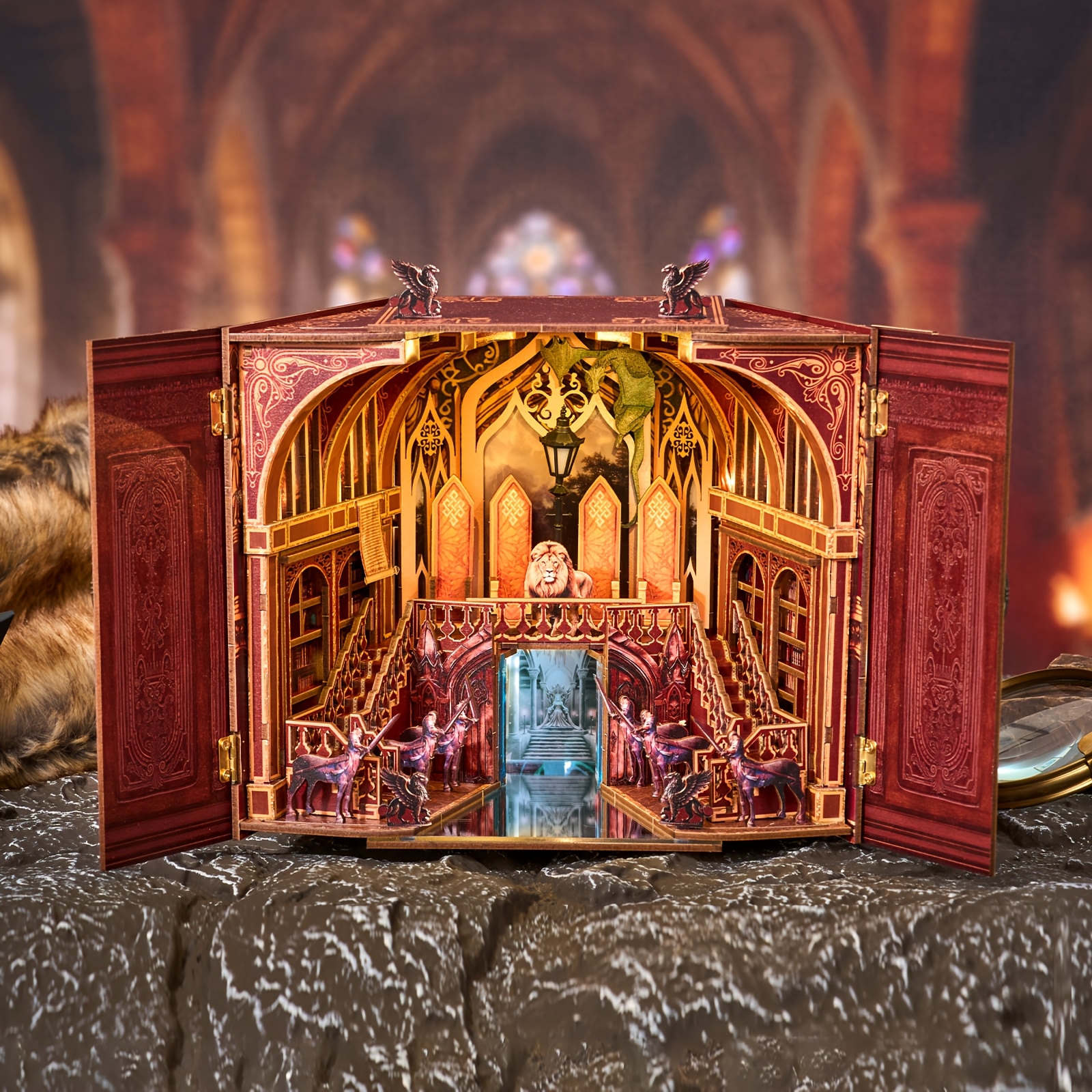 Image of 3d Wooden Magic Wardrobe Puzzle, Mini Book Corner Assembly Dollhouse, Diy Handicraft, Bookshelf Ornament, Ideal Gift For Valentine Halloween Christmas Birthday
