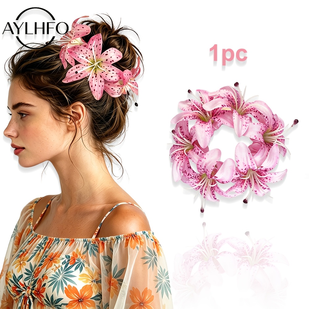TEMU Aylhfo 1pc New Hawaiian Style Faux Flower Elastic Scrunchie, Women's Fashion Bohemian Style Egg Flower Floral Hair Tie, High Elastic Ponytail