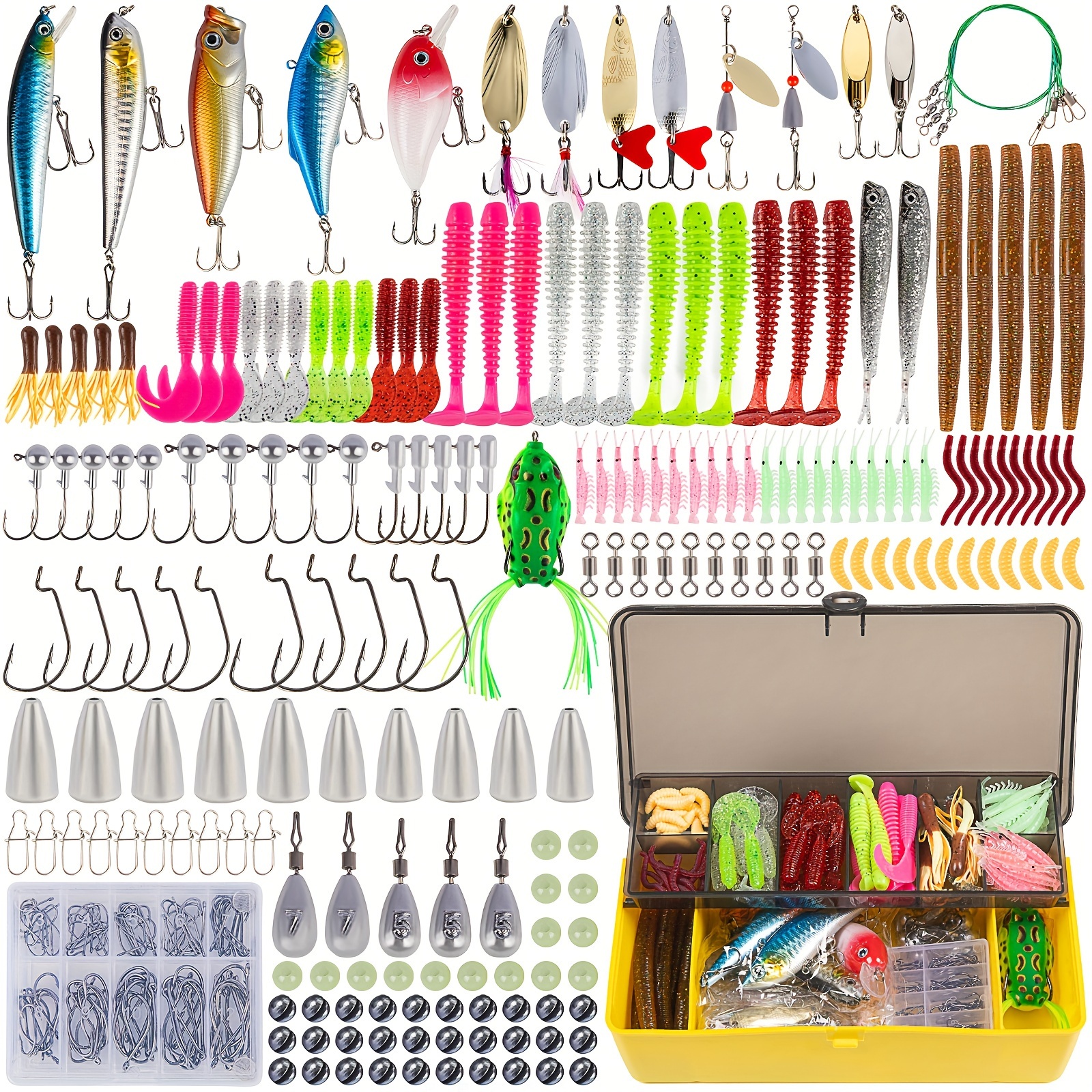 TEMU Fishing Lures, Fishing Gear Tackle, Fishing Attractants For Bass Trout Salmon, Fishing Accessories With Spoon Lures, Soft Plastic Worms, Crankbait Jigs, Fishing Hooks