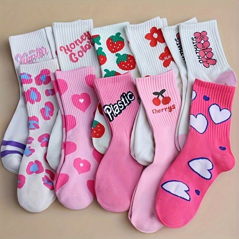 

5-pack Women's Mid-calf Socks, Cotton Blend, Pink Cute Heart & Strawberry Print, Fashionable Japanese Style, Comfortable Knit, Hand Wash Or Dry Clean, Ladies Ankle Socks