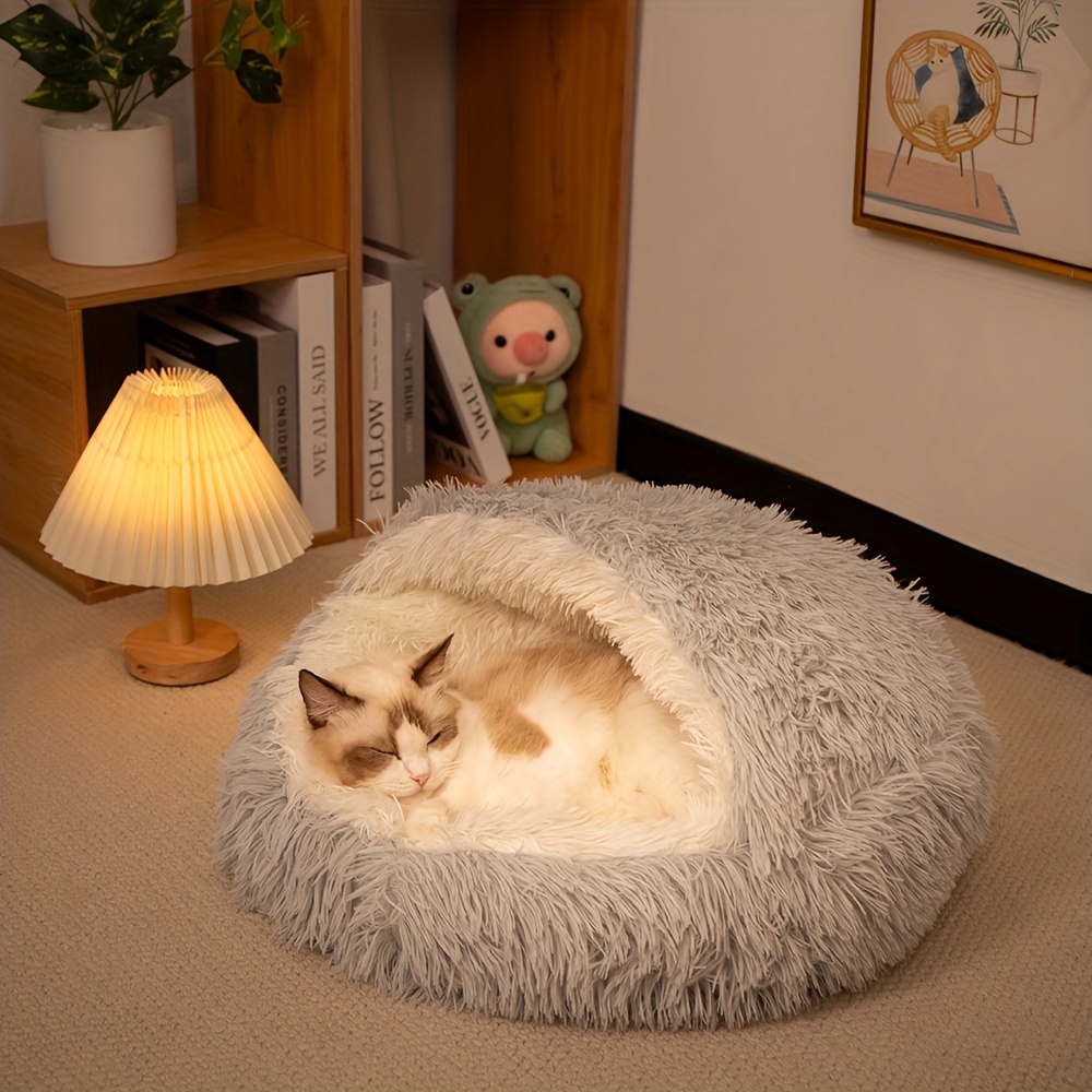 1pc classic plush shell cat bed with hood cozy half enclosed pet nest for cats and small dogs warm comfortable polyester fiber material non electric easy assembly Product details 1