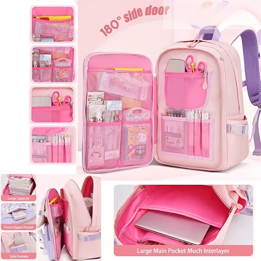 School Bag with 8 Card Slots & Pencil Case Pink Butterfly Wires 8-Wheels School Backpack Trolley Set  main image 3