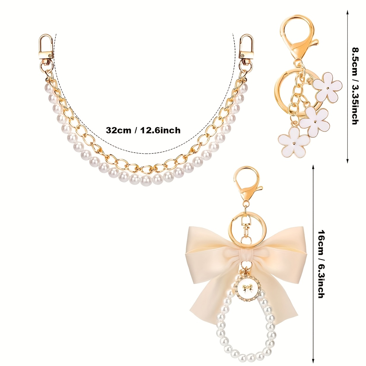 E-shop 3-teiliges schickes Metall-Taschenanhänger-Set & Schlüsselanhänger | Elegante Handtaschen-Dekorationen mit Perlenakzenten, goldenfarbene
