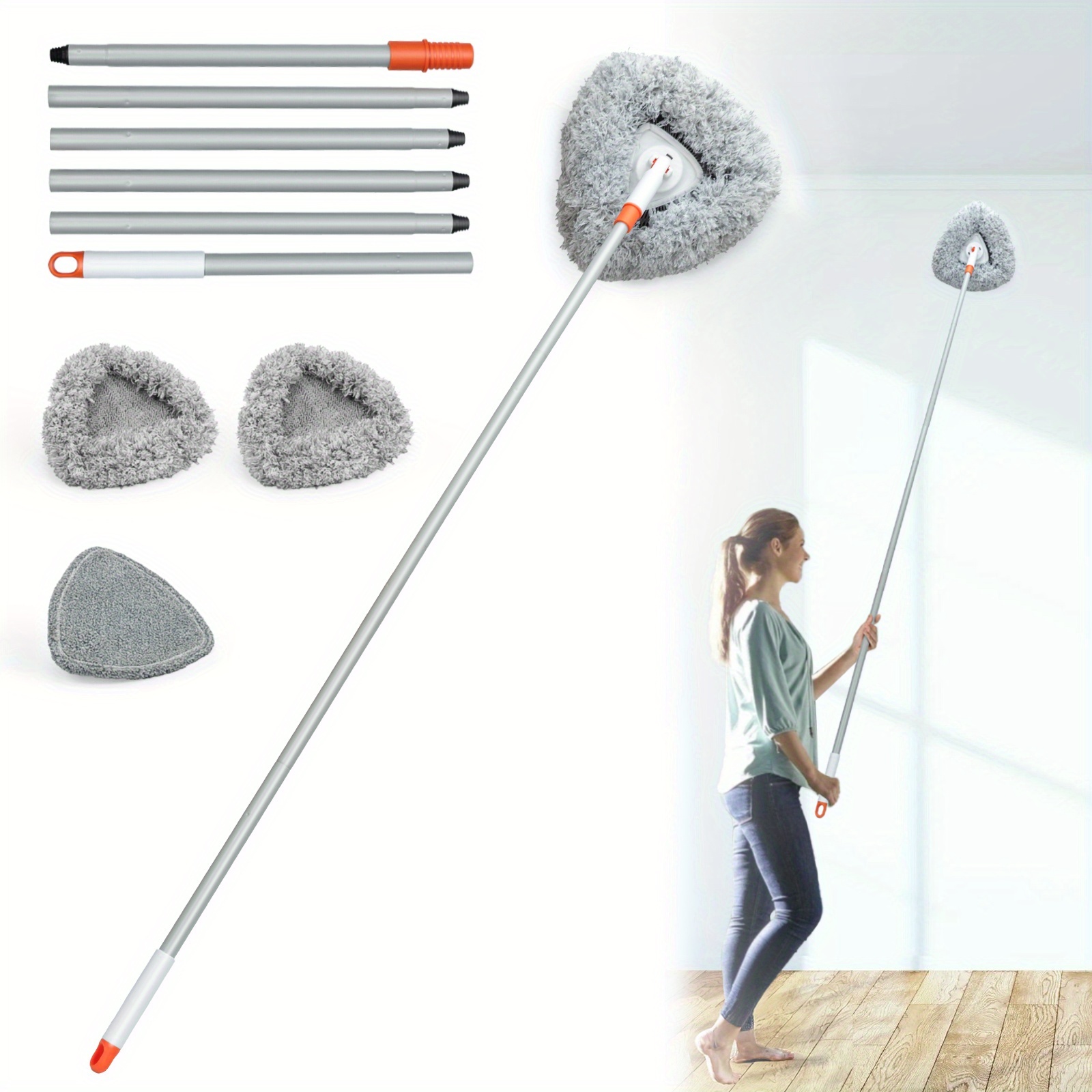 82 Inch Wall Mop With Extension Pole - Multi-Surface Cleaner, Washable Pads, Triangle Head