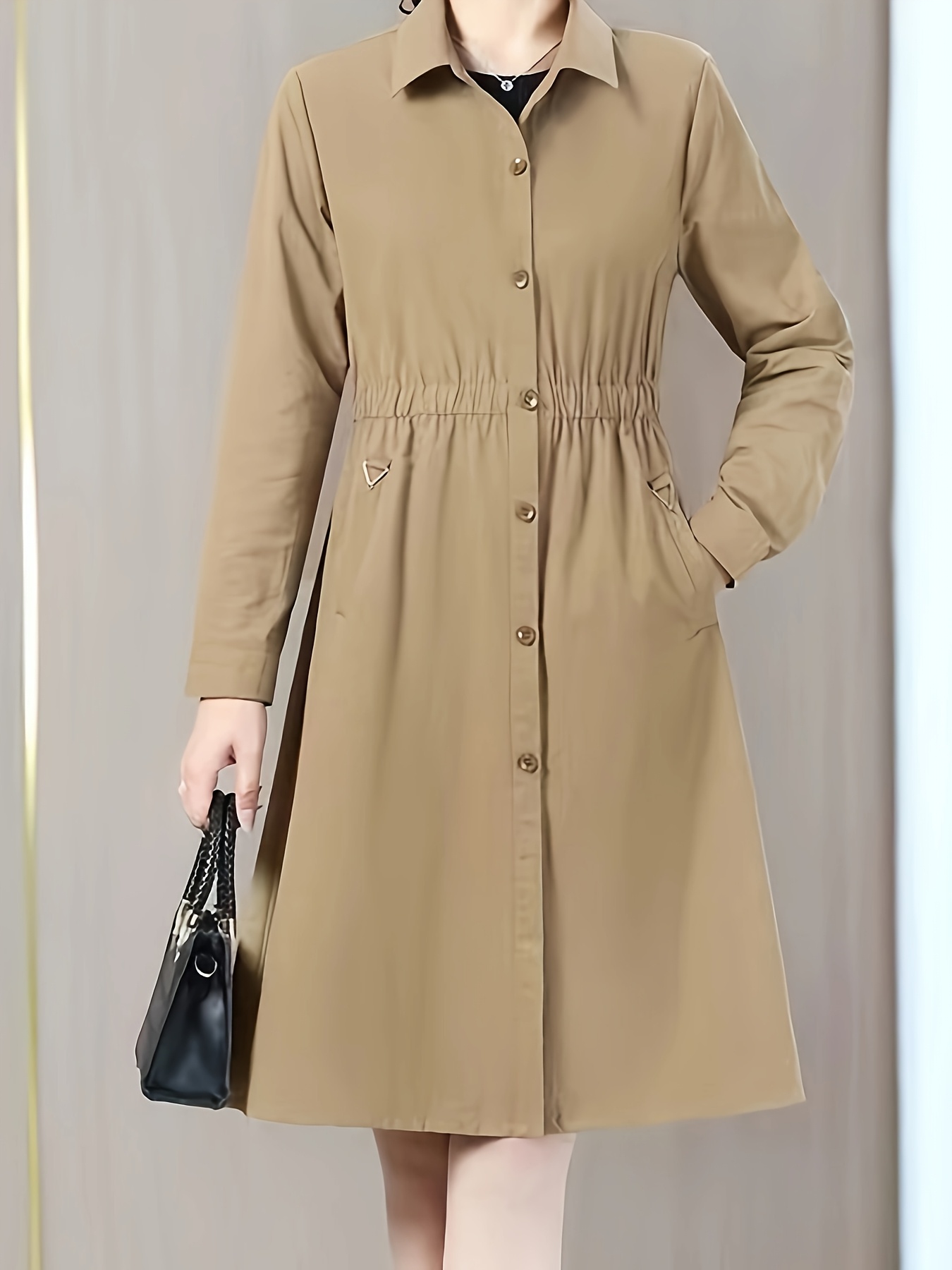 women's elegant long sleeve trench coat button front cinched