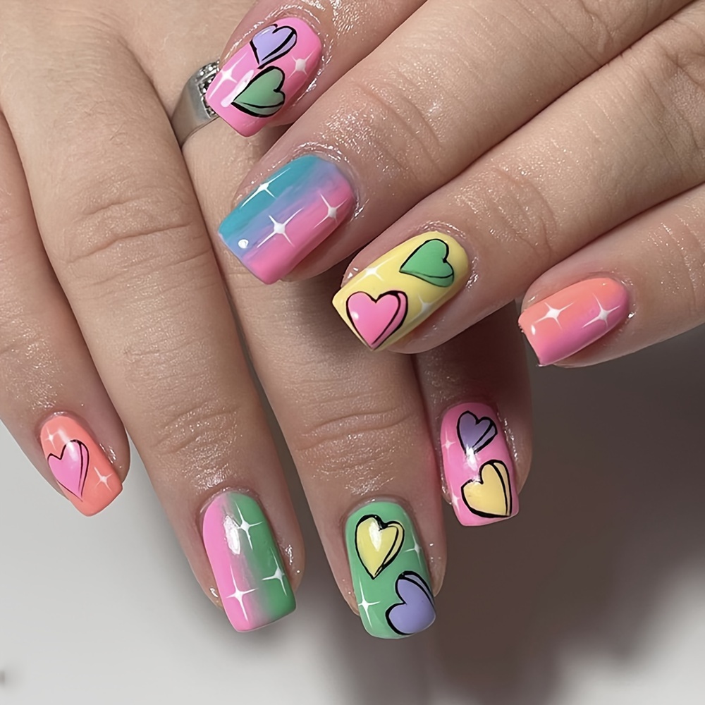 sweet heart pattern press on nails medium ballet fake nails colorful gradient false nails colorful hearts and stars with design fashionable acrylic nails details 0