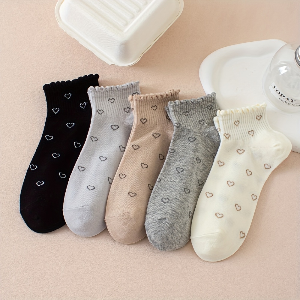 5 Pairs Of Women's Comfortable And Stylish Versatile Heart Lace Ankle Socks
