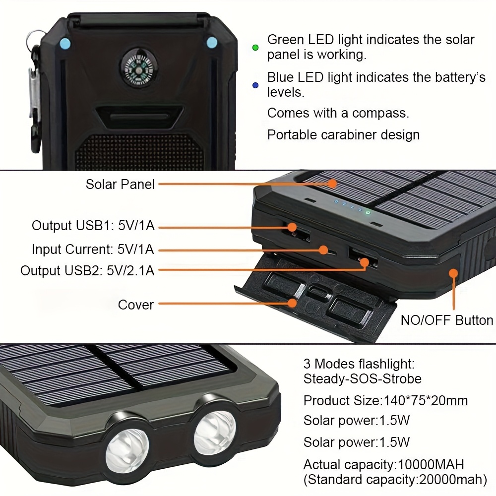 10000mah 5v2a fast charging multifunctional solar panel power bank with   led light large capacity rechargeable portable mobile phone charger dual flashlights dual usb port outdoor travel battery packs for iphone   Product details 4