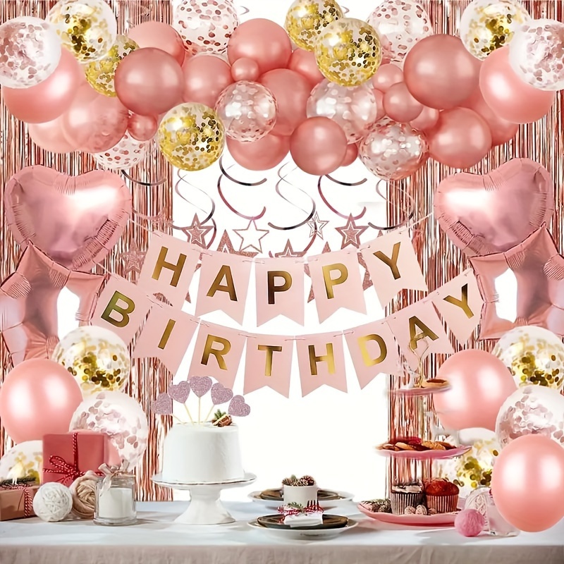 

62pcs, Rose Golden Birthday Party Decorations - Happy Birthday Banner, Tassel Streamer Backdrop, Foil Confetti Balloons - Perfect For Ladies And Girls' Birthday Celebration