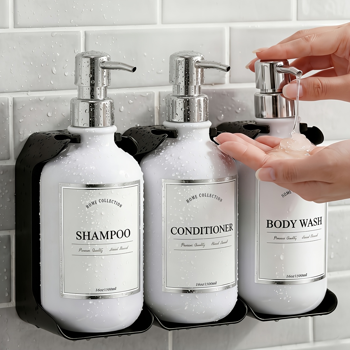 TEMU Modern Shampoo And Conditioner Dispenser Wall Mount Set Of 3, No Drill Bathroom Shower Dispenser With 6 Labels, Bathroom Decoration Soap Set For