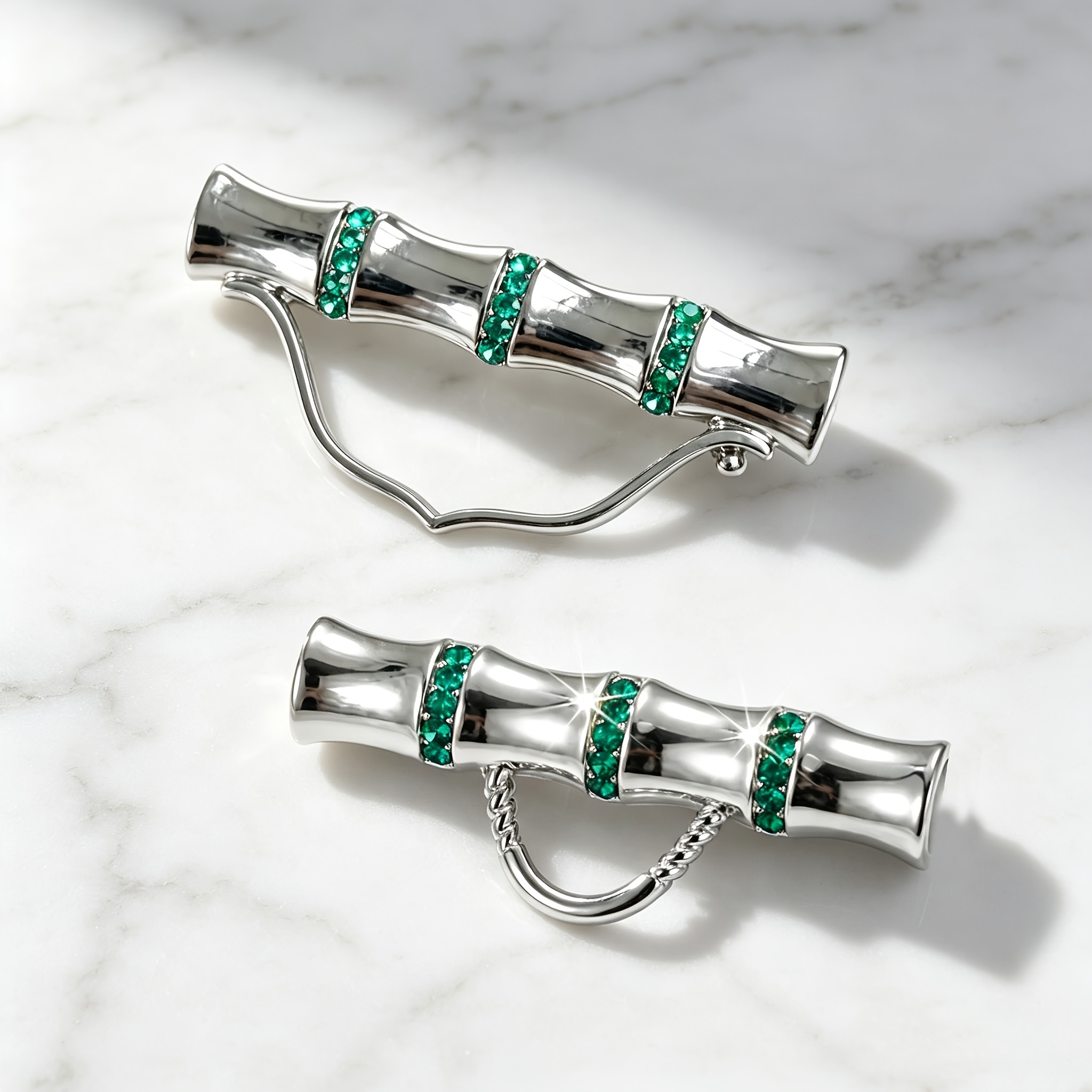 TEMU 2pcs New Chinese Style Multifunctional Light Luxury Bamboo Texture Rhinestone Dual-use Brooch Glasses Clip Bright Silvery White Rhinestone