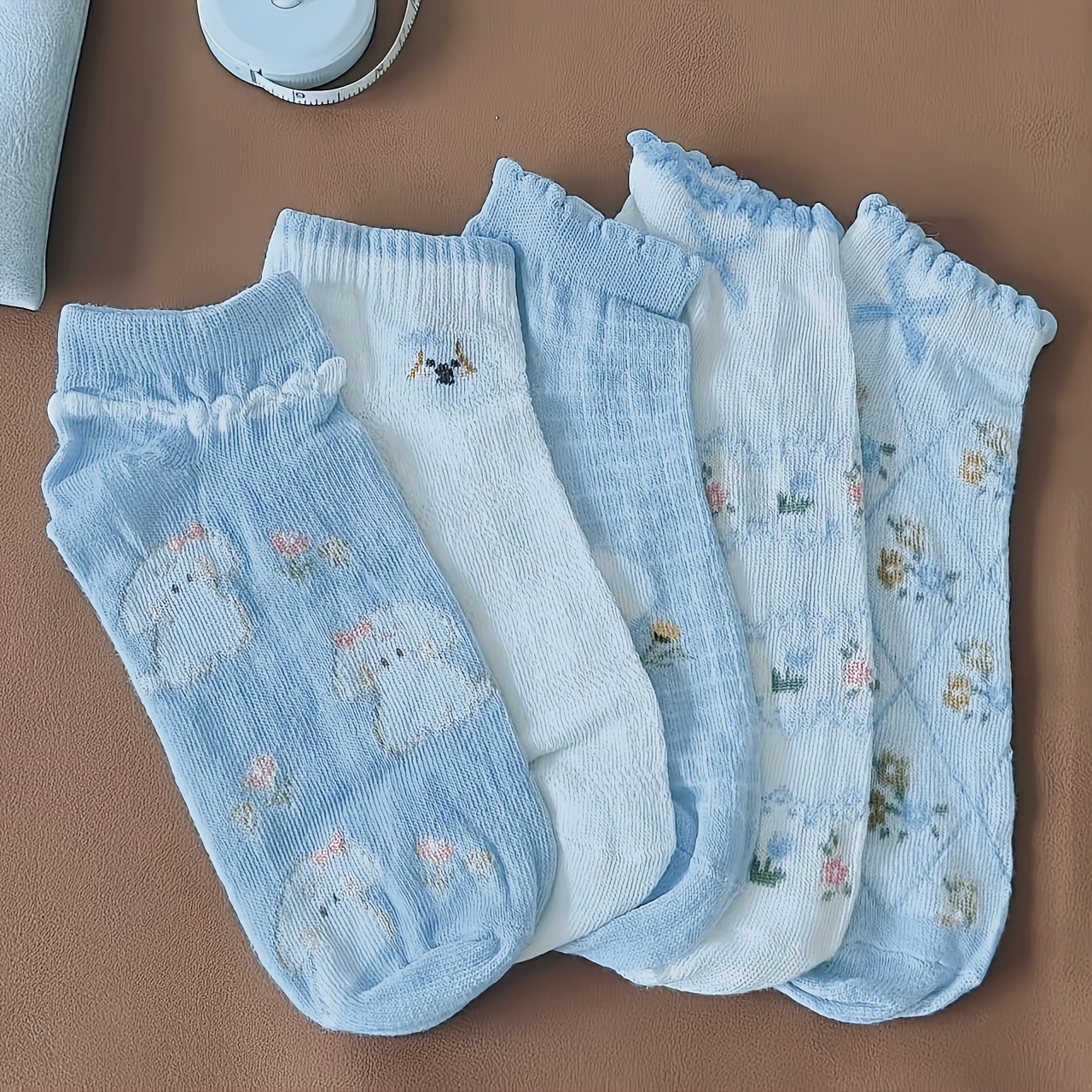 TEMU [Calcetines para Mujer] 5 Pares de Calcetines Cortos para Mujer - Encaje y Lazos Estilo Japonés - Diseño Antideslizante