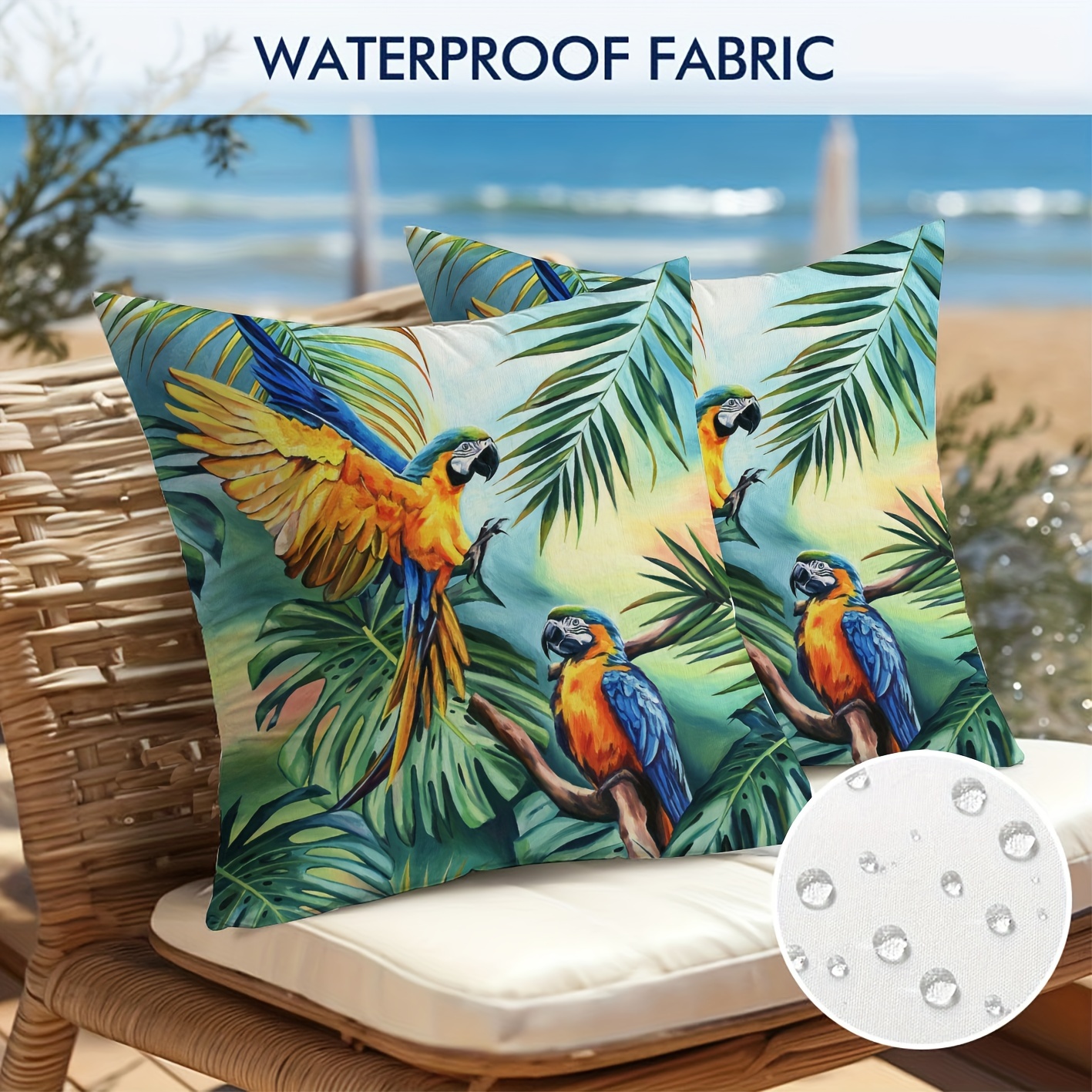

2-piece Set, Pure Polyester Waterproof, Tropical Landscape Parrot Pillowcase, Single-sided Printing, 18x18 Inches, Suitable For Sofa, Living Room, Office, Car, Outdoor, Without Pillow Core