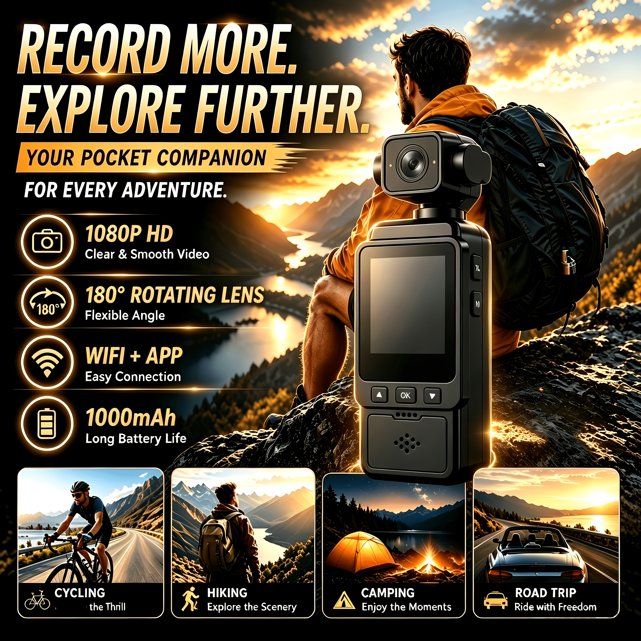 TEMU 2026 Nieuwe 1080P HD Mini Handcamcorder, 270° Lensrotatie voor Stabiel Filmen, Geschikt voor Fietsen, Skiën, Urban , Buitencamping en Dagelijkse