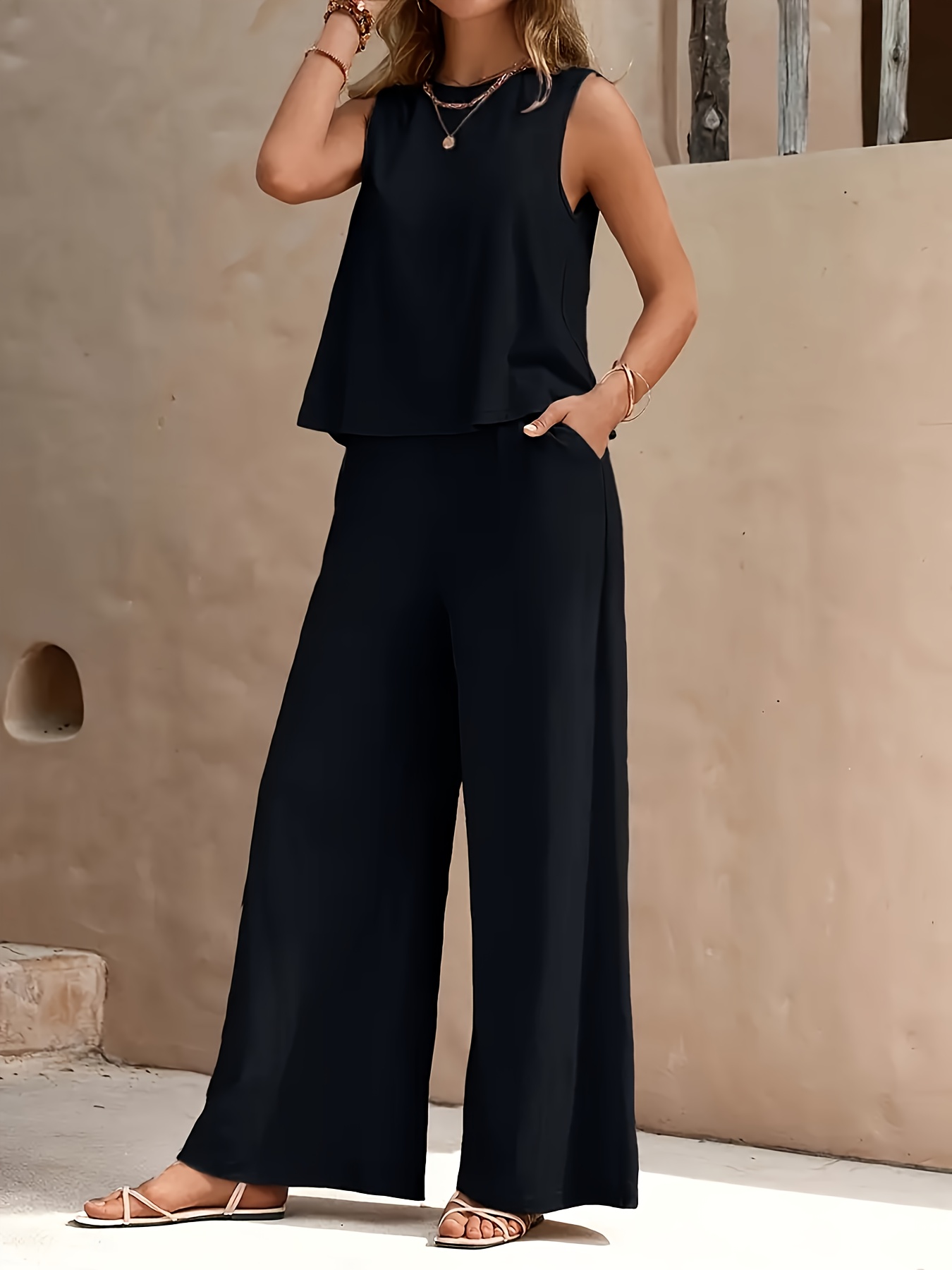 2pcs womens home clothes set comfortable casual sleeveless vest top with pockets and loose wide leg pants suitable for home outdoor vacation beach  