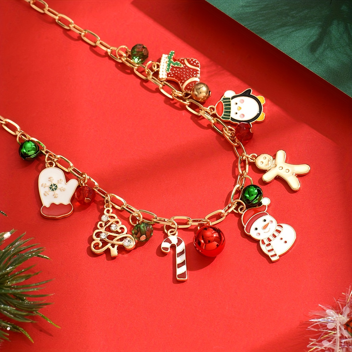 TEMU 1pc Christmas-themed Necklace Featuring A Snowman Made Of Gingerbread, From 925 Silver, With Santa Hat Charms, Red And Green Bead Details, And A