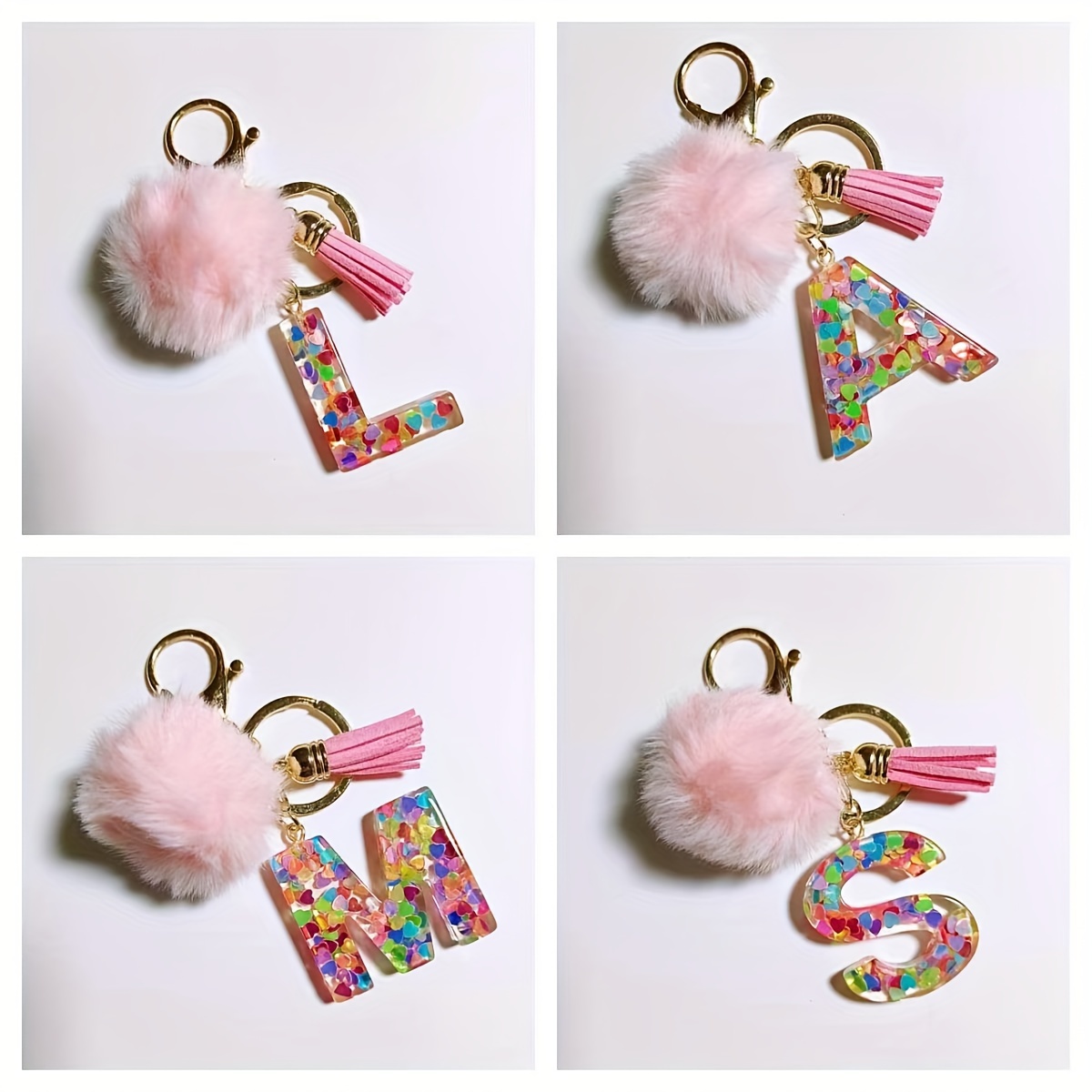 

1pc, Pink Fluffy Pom-pom Tassel Keychain With Resin Glitter Sequin Alphabet Letter, Cute Fashion Accessory For Women