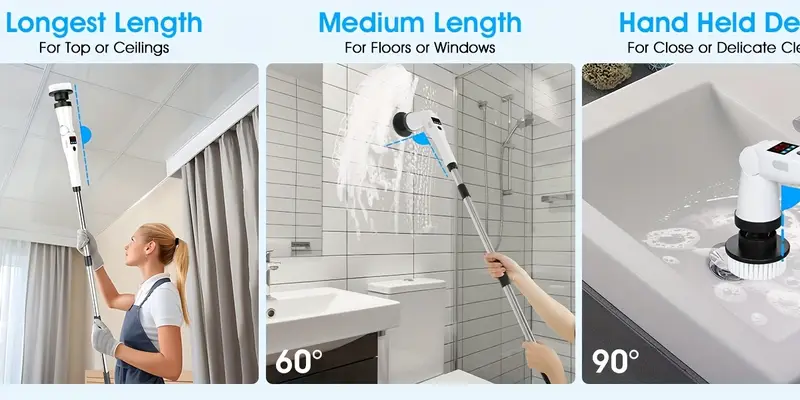 brosse de nettoyage électrique fil 9 têtes de brosse remplaçables 3 , 5200 mah, brosse de douche réglable avec poignée dextension rétractable, pour salle de bain, cuisine, baignoire, toilettes, carrelage, fenêtres détails 5