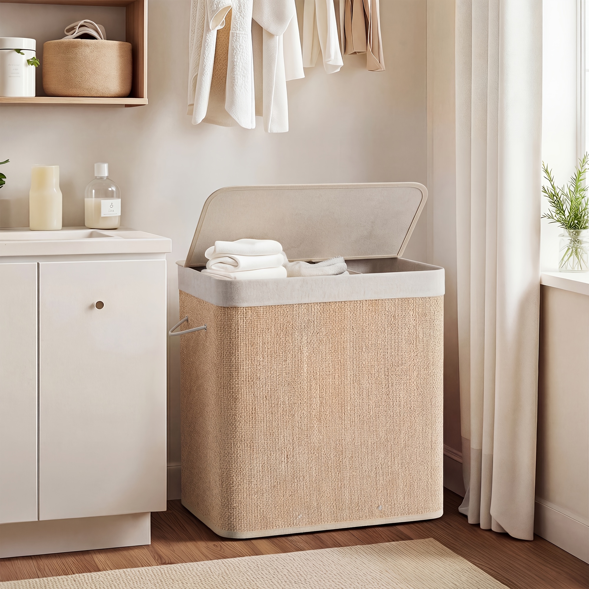 150l 3-compartment Laundry Hamper With Lid, Large Bamboo Laundry Basket, Foldable Storage Bin With Removable Liner, Clothing Sorter For Bedroom, Bathroom, And Laundry Room, Laundry Baskets