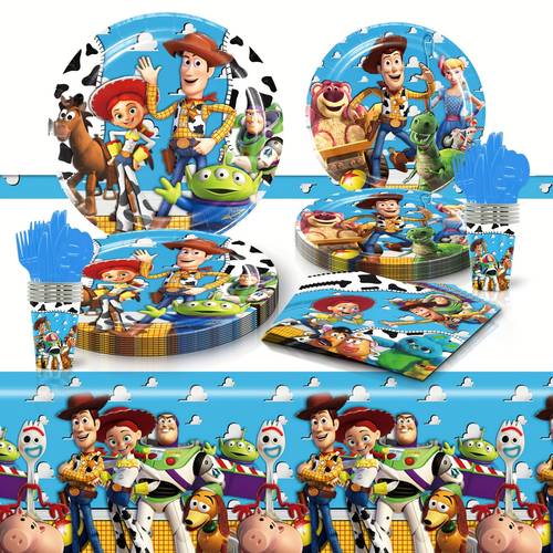 81pcs, Authorized,Disney Toy Story Themed Birthday Party Paper Plates Tissue Cups Tablecloth Suitable For High Quality Cute Style Party Decorations Supplies Gifts Birthday Banquet Picnic Arrangement 10 People