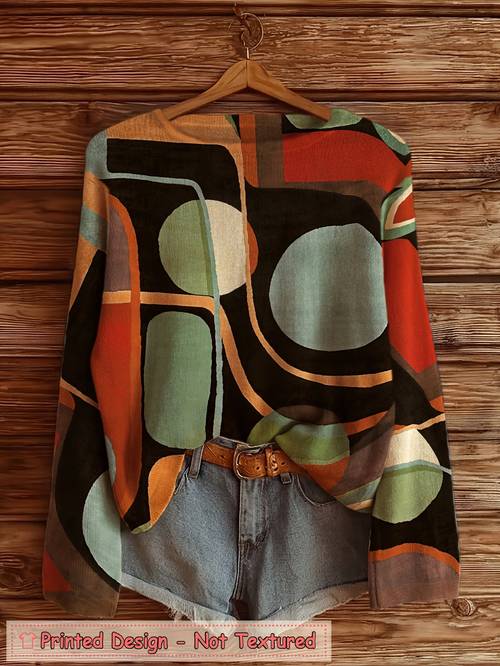 printed design not textured womens for all over printed long sleeve universal off the shoulder lightweight sweater medieval geometric painting pattern trendy wear