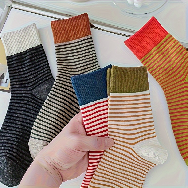 

5 Pairs Striped Crew Socks, Stylish & Preppy Mid Tube Socks For Fall & Winter, Women's Stockings & Hosiery