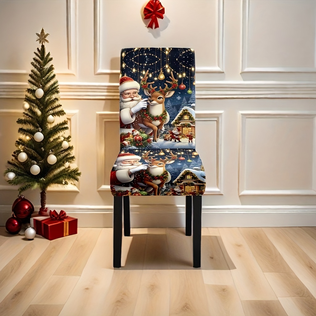 

Christmas Chair Covers Set Of 4/6 - Santa And Reindeer Print, Stretch Slipcovers, Machine Washable, Polyester And Spandex, Decorative Dustproof Protector For Holiday Dining Room Decor