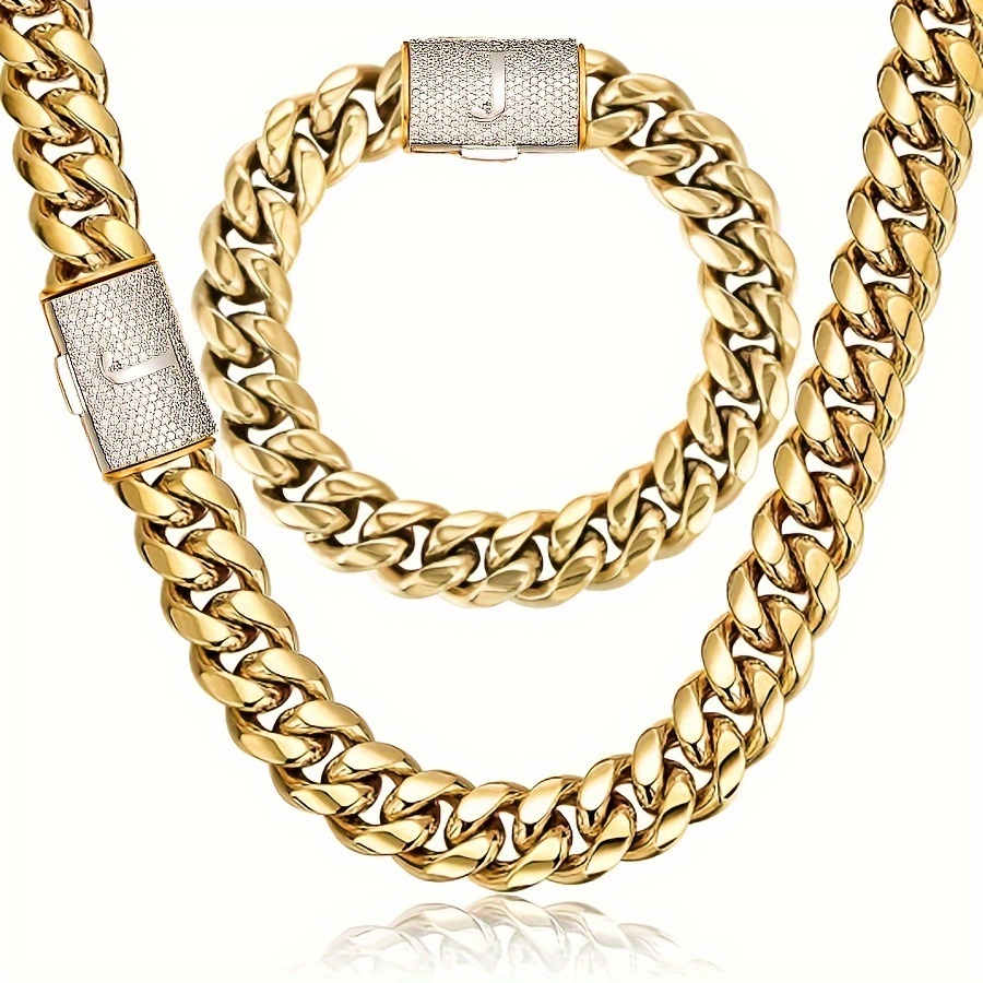 

2pcs Miami Cuban Link Chain Set For Men Hip Hop Jewelry 18k Golden Plated Stainless Steel Cut Faux Diamond Initial Letter J Buckle Bracelet Necklace Set