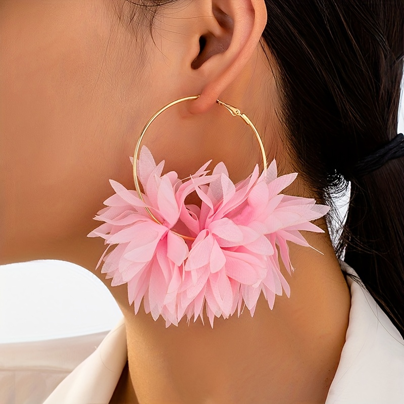 TEMU 2pcs/Set Boucles d'Oreilles Fleur en Tissu Exagéré pour Femmes, Adaptées aux Fêtes et au Port