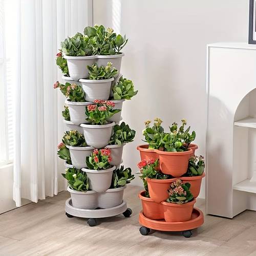 1 set of high quality 5 tier stackable vertical flower pots with movable trays single pot included free pv pipes suitable for growing strawberries flowers lemons and vegetables for indoor and outdoor use mothers day gift