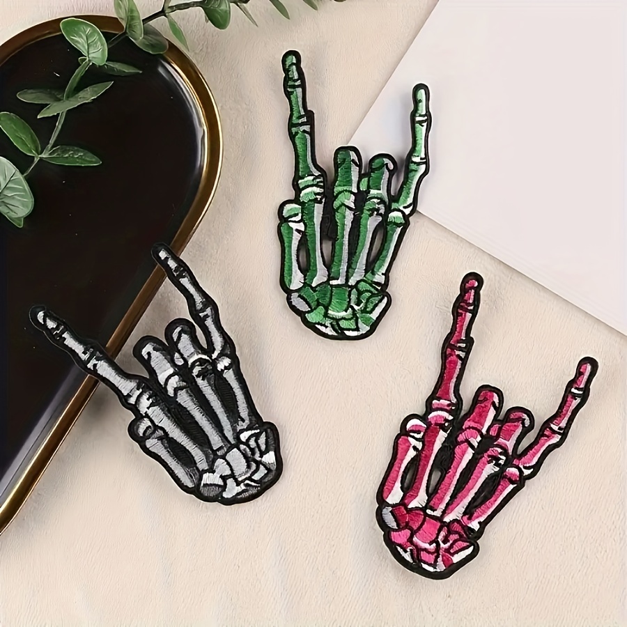 

3pcs Rock Gesture Skull You Gesture Hippie Punk Cool Patches, Diy Clothes Accessories, Embroidery Sewing/iron On Patches, Clothes Decoration Appliques