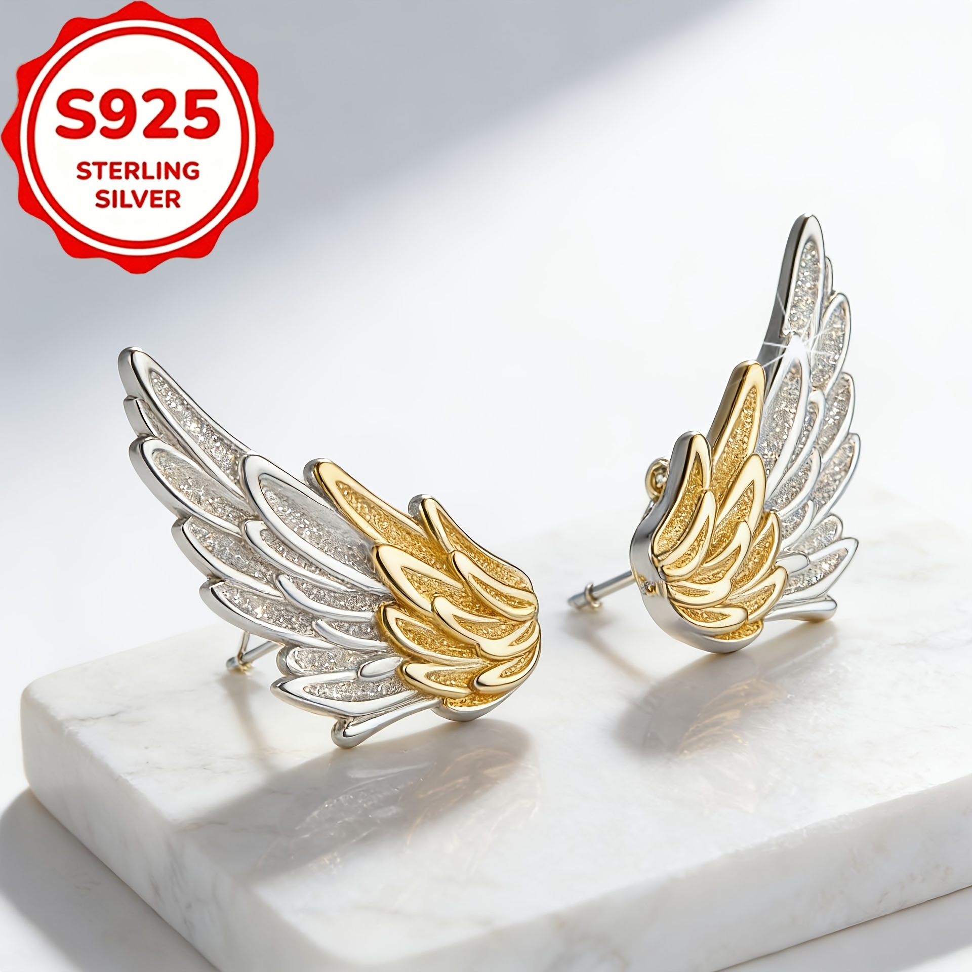 2pcs S925 Sterling Silvery Two-Tone Wing Stud Earrings, Holiday Gift